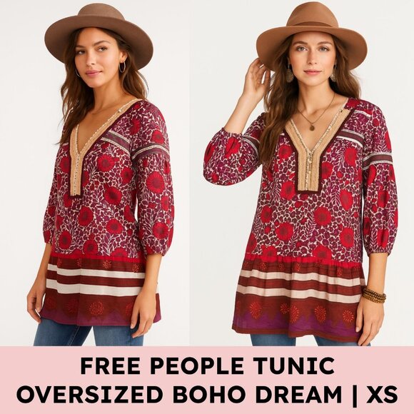 Free People Sweet Poland Floral Tunic Linen Blend Boho Peasant Top XS Red Purple - Picture 1 of 14
